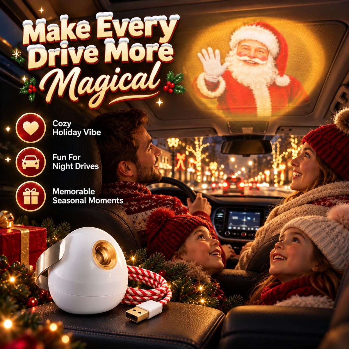 🎅 Santa Beam™ Christmas Car Projector🎄– USB Holiday Projection Light with 6 Santa Films！！！✨