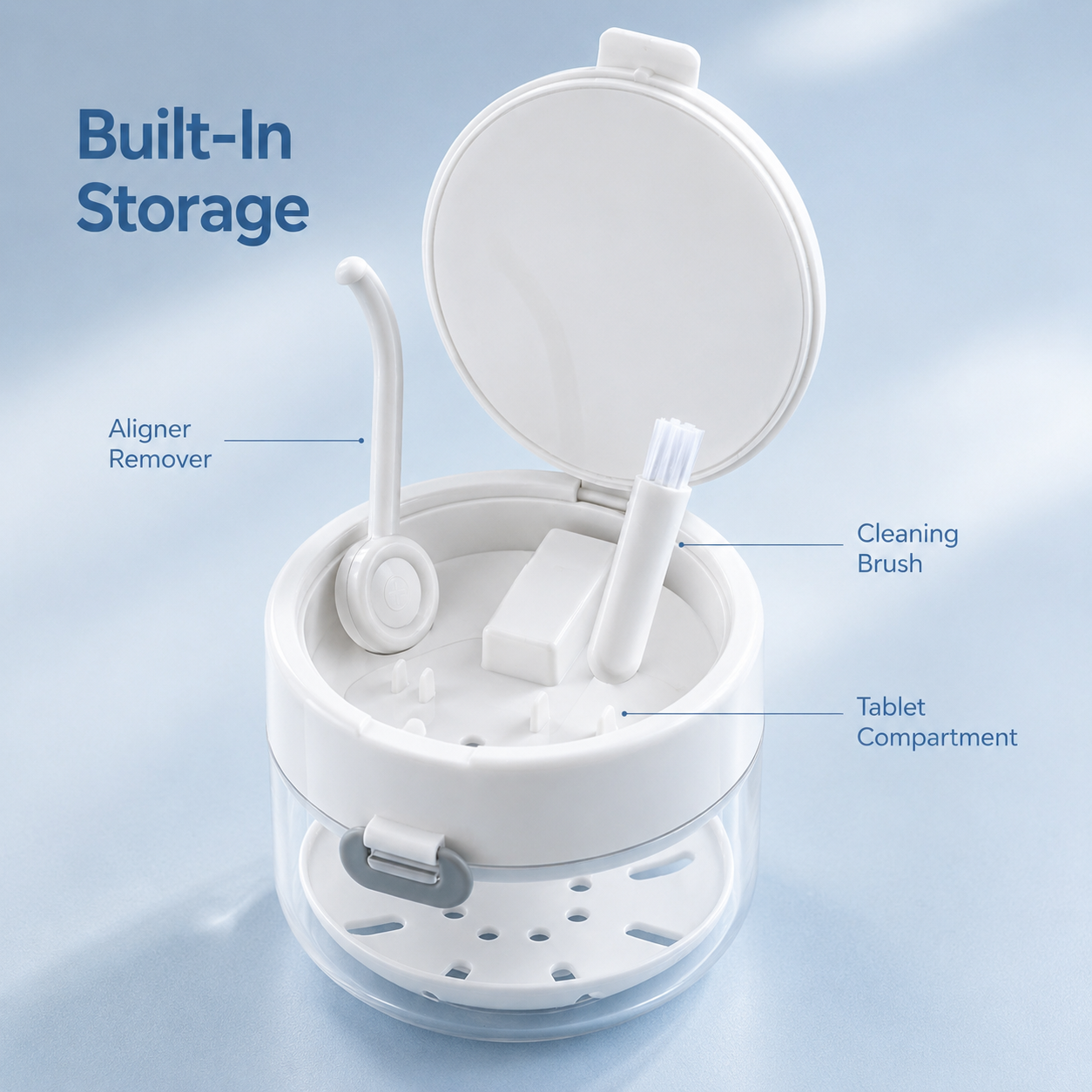 3-in-1 Retainer Soak Case with Drain Tray, Mirror & Cleaning Brush for Aligners & Dentures