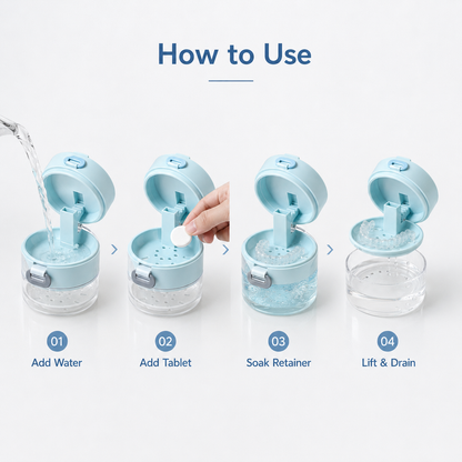 3-in-1 Retainer Soak Case with Drain Tray, Mirror & Cleaning Brush for Aligners & Dentures