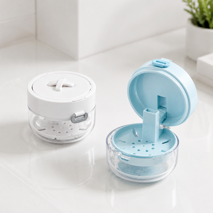 3-in-1 Retainer Soak Case with Drain Tray, Mirror & Cleaning Brush for Aligners & Dentures