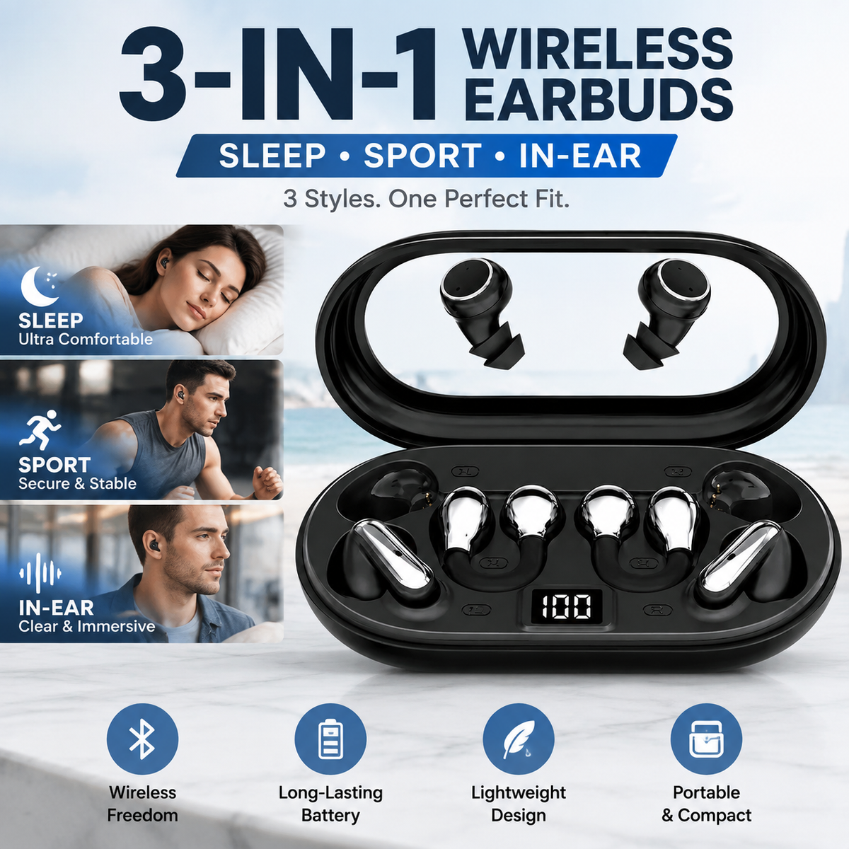3‑in‑1 Multi‑Style Wireless Earbuds | Sleep‑Sport‑In‑Ear 3 Pairs Earphones