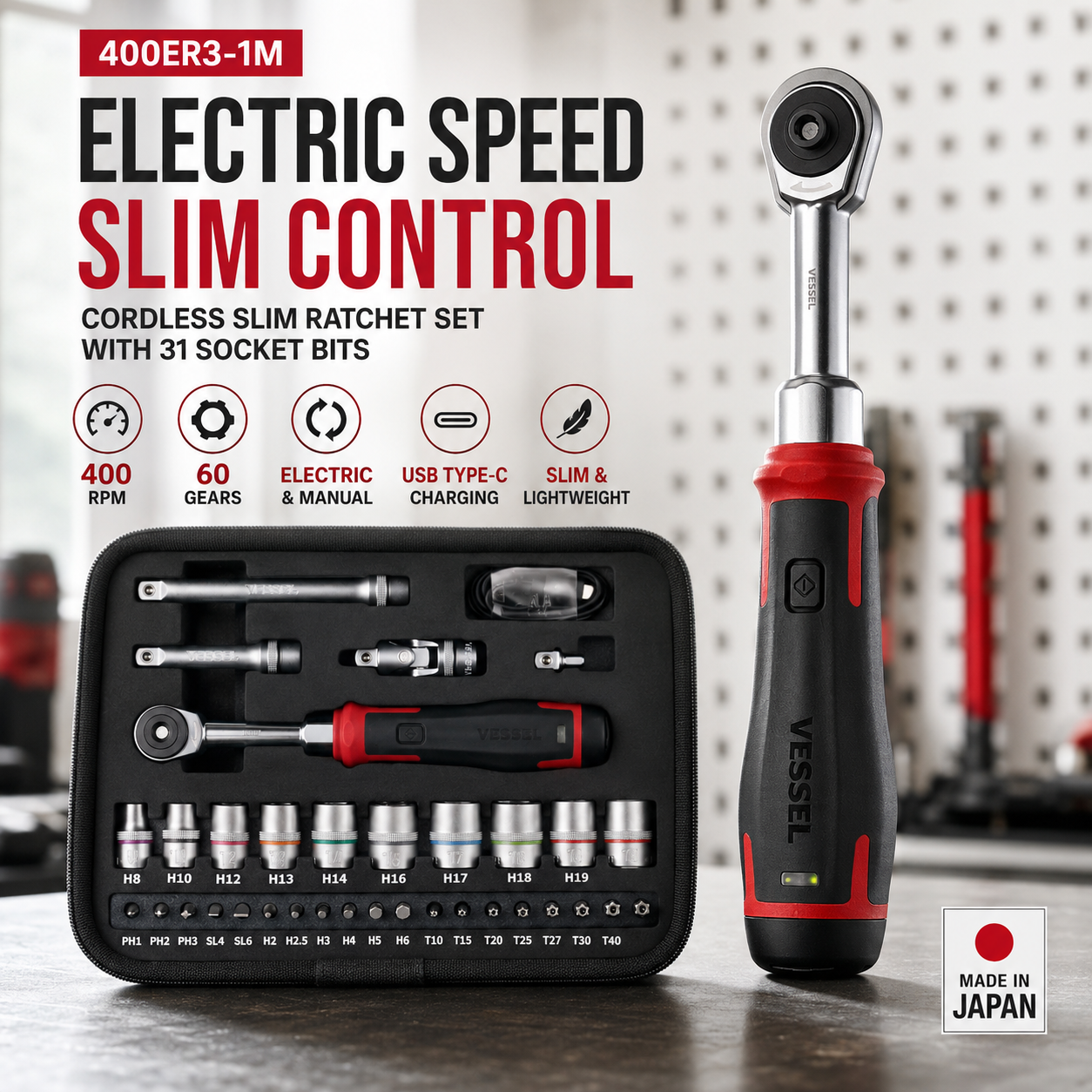 Cordless Electric Slim Ratchet Set | 400 RPM 31-Bit Tool Kit