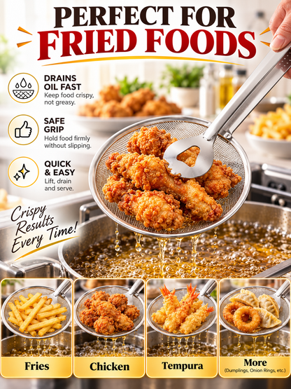 🍳 Kitchen Deal – 2-in-1 Frying Strainer Tongs 🥢 Stainless Steel Skimmer for Easy Oil Draining & Serving 🍤