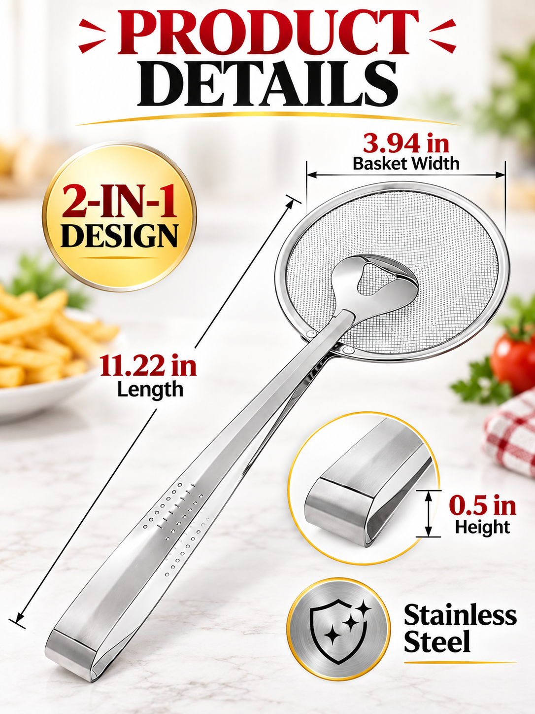 🍳 Kitchen Deal – 2-in-1 Frying Strainer Tongs 🥢 Stainless Steel Skimmer for Easy Oil Draining & Serving 🍤