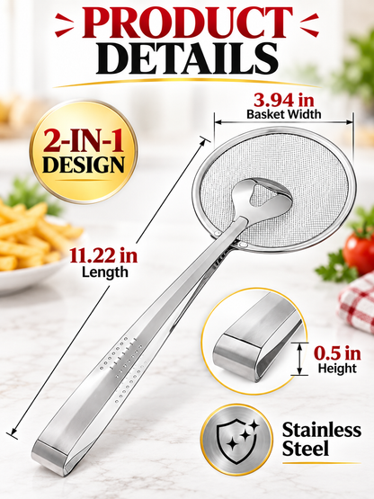 🍳 Kitchen Deal – 2-in-1 Frying Strainer Tongs 🥢 Stainless Steel Skimmer for Easy Oil Draining & Serving 🍤