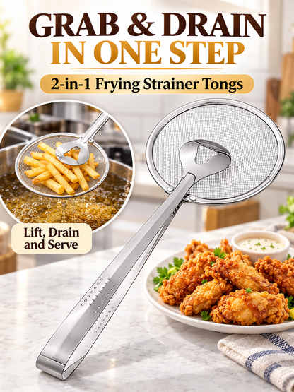 🍳 Kitchen Deal – 2-in-1 Frying Strainer Tongs 🥢 Stainless Steel Skimmer for Easy Oil Draining & Serving 🍤