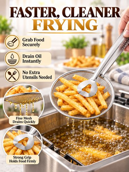 🍳 Kitchen Deal – 2-in-1 Frying Strainer Tongs 🥢 Stainless Steel Skimmer for Easy Oil Draining & Serving 🍤