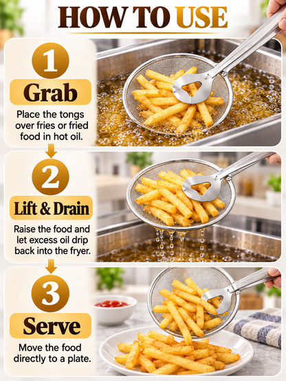 🍳 Kitchen Deal – 2-in-1 Frying Strainer Tongs 🥢 Stainless Steel Skimmer for Easy Oil Draining & Serving 🍤