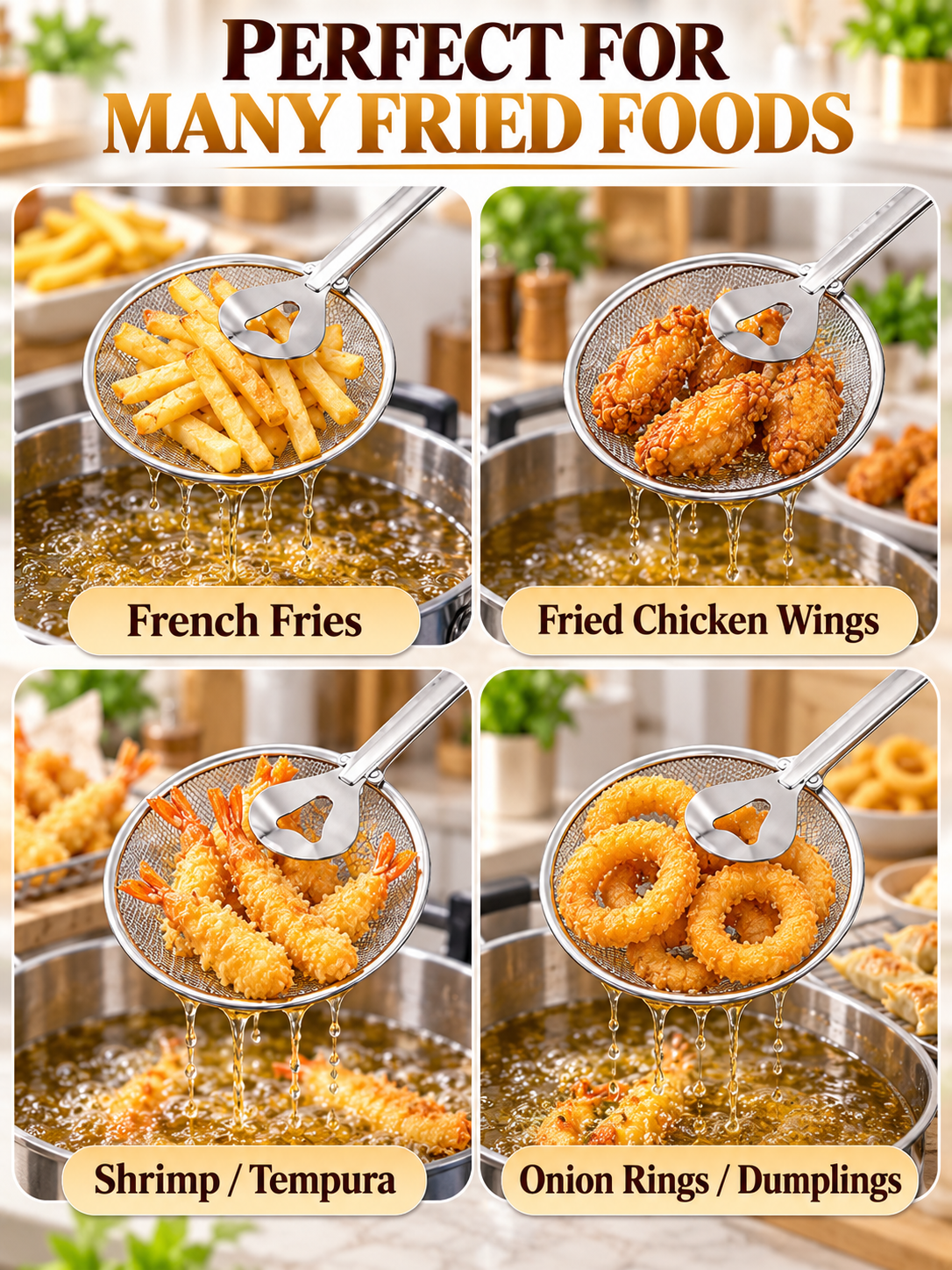 🍳 Kitchen Deal – 2-in-1 Frying Strainer Tongs 🥢 Stainless Steel Skimmer for Easy Oil Draining & Serving 🍤
