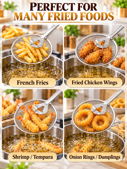 🍳 Kitchen Deal – 2-in-1 Frying Strainer Tongs 🥢 Stainless Steel Skimmer for Easy Oil Draining & Serving 🍤