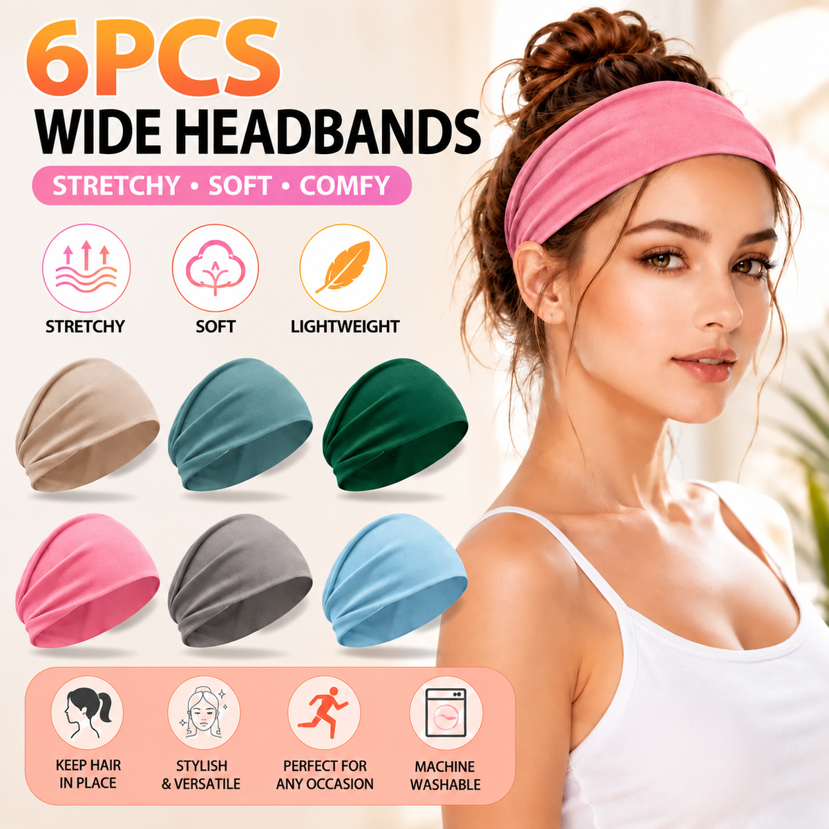 Women's Universal 6-Pack No-Slip Elastic Fashion Headband Set