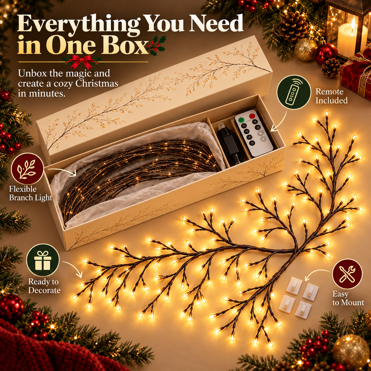 🌿✨ Flexible LED Branch Lights | Remote-Controlled Holiday Wall Decor 🎄💡