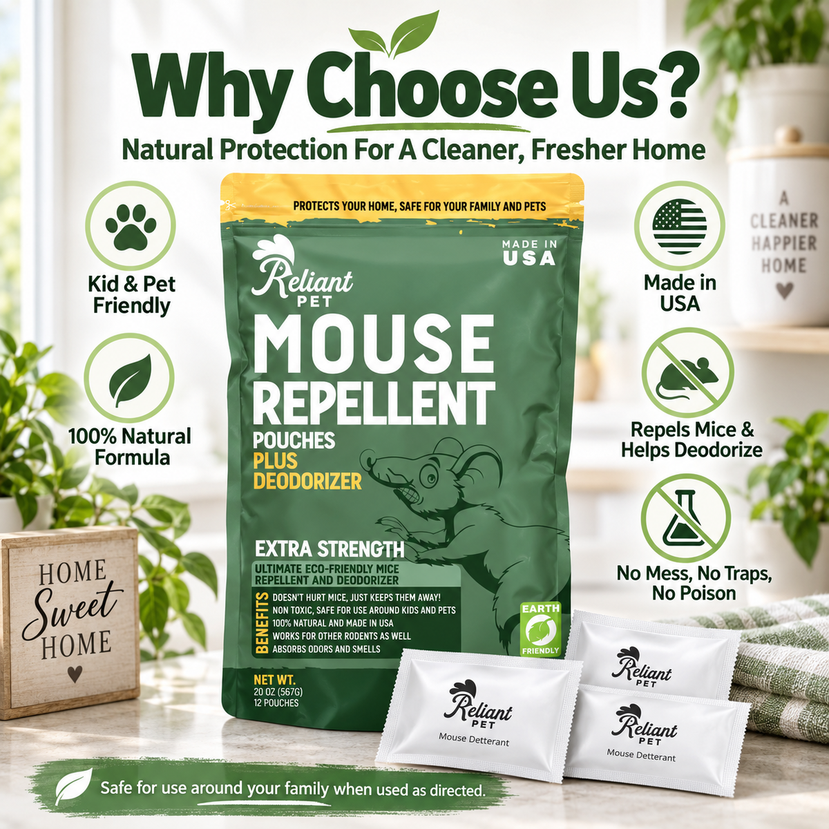 Reliant Pet Mouse Repellent Pouches - Rodent Repellent Made in USA (12 Pouches)