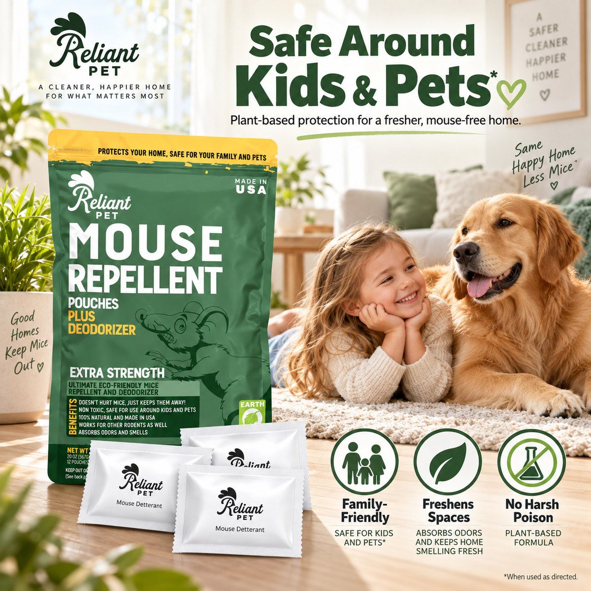 Reliant Pet Mouse Repellent Pouches - Rodent Repellent Made in USA (12 Pouches)