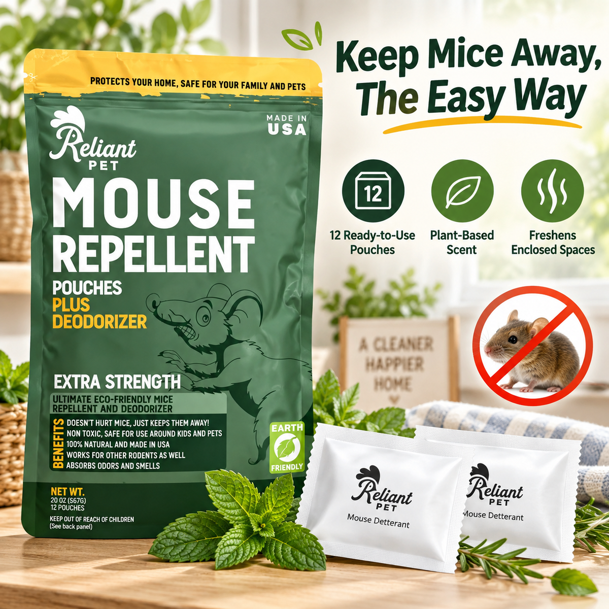 Reliant Pet Mouse Repellent Pouches - Rodent Repellent Made in USA (12 Pouches)