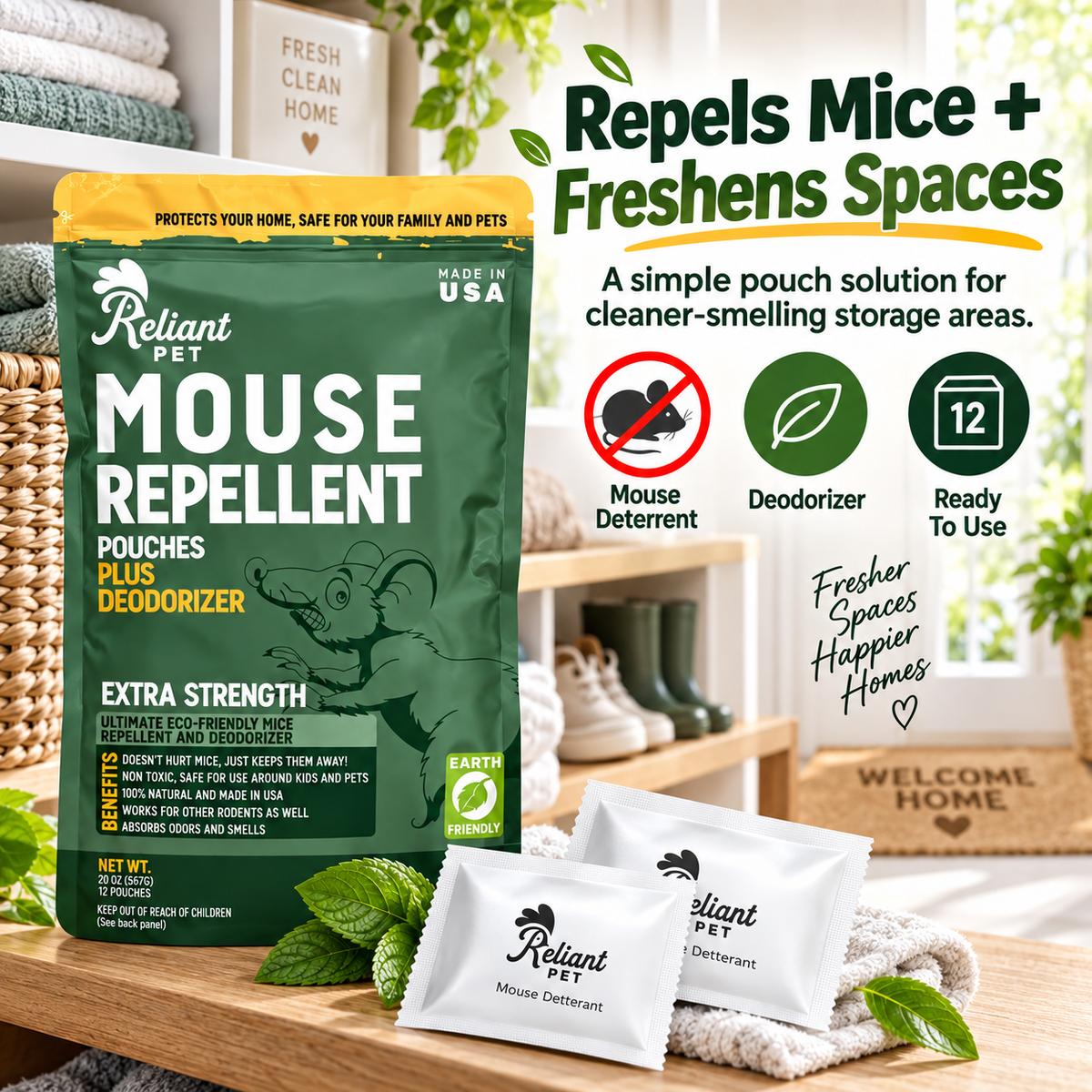 Reliant Pet Mouse Repellent Pouches - Rodent Repellent Made in USA (12 Pouches)