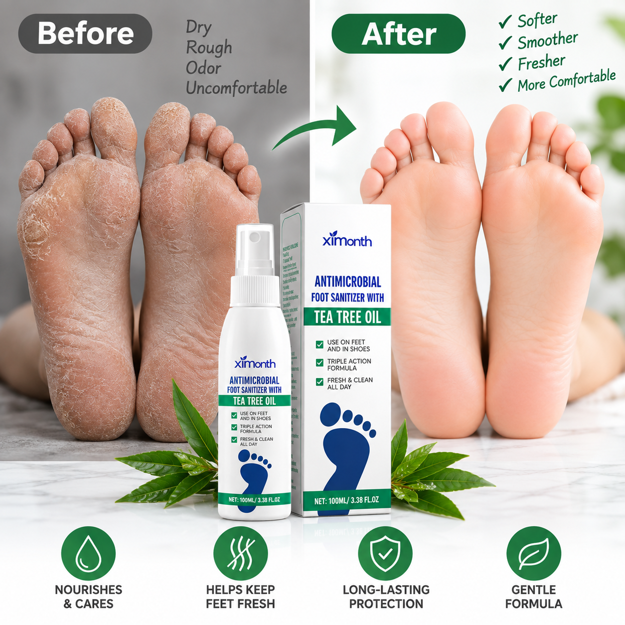 Tea Tree Oil Foot Spray — For odor control and care for dry feet; also offers antifungal benefits.