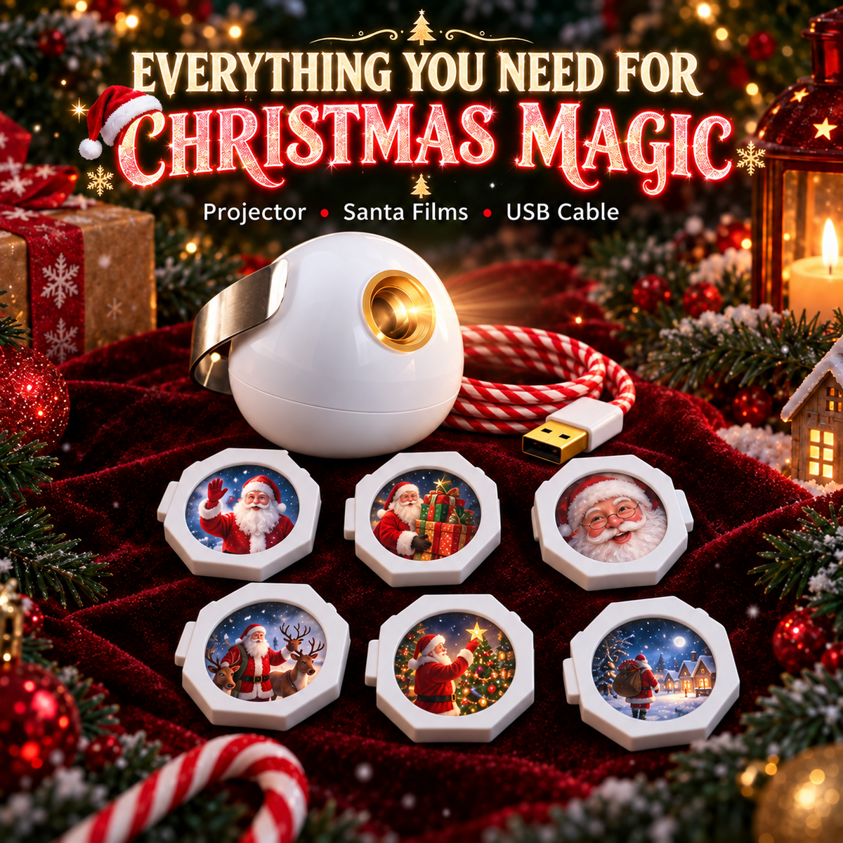 🎅 Santa Beam™ Christmas Car Projector🎄– USB Holiday Projection Light with 6 Santa Films！！！✨