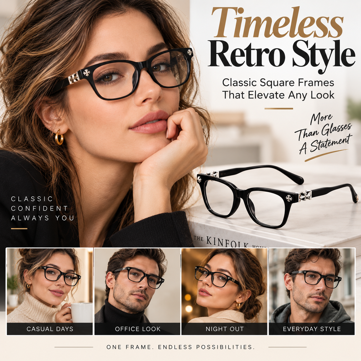 Retro Square Frame Eyeglasses – Stylish Black Fashion Glasses