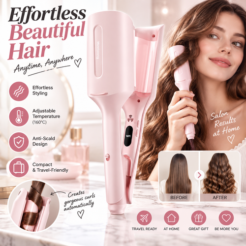 Negative Ion Curling Iron (32mm): Deep-U "Big Egg Roll" / W-Wave Curler with Audible Timer