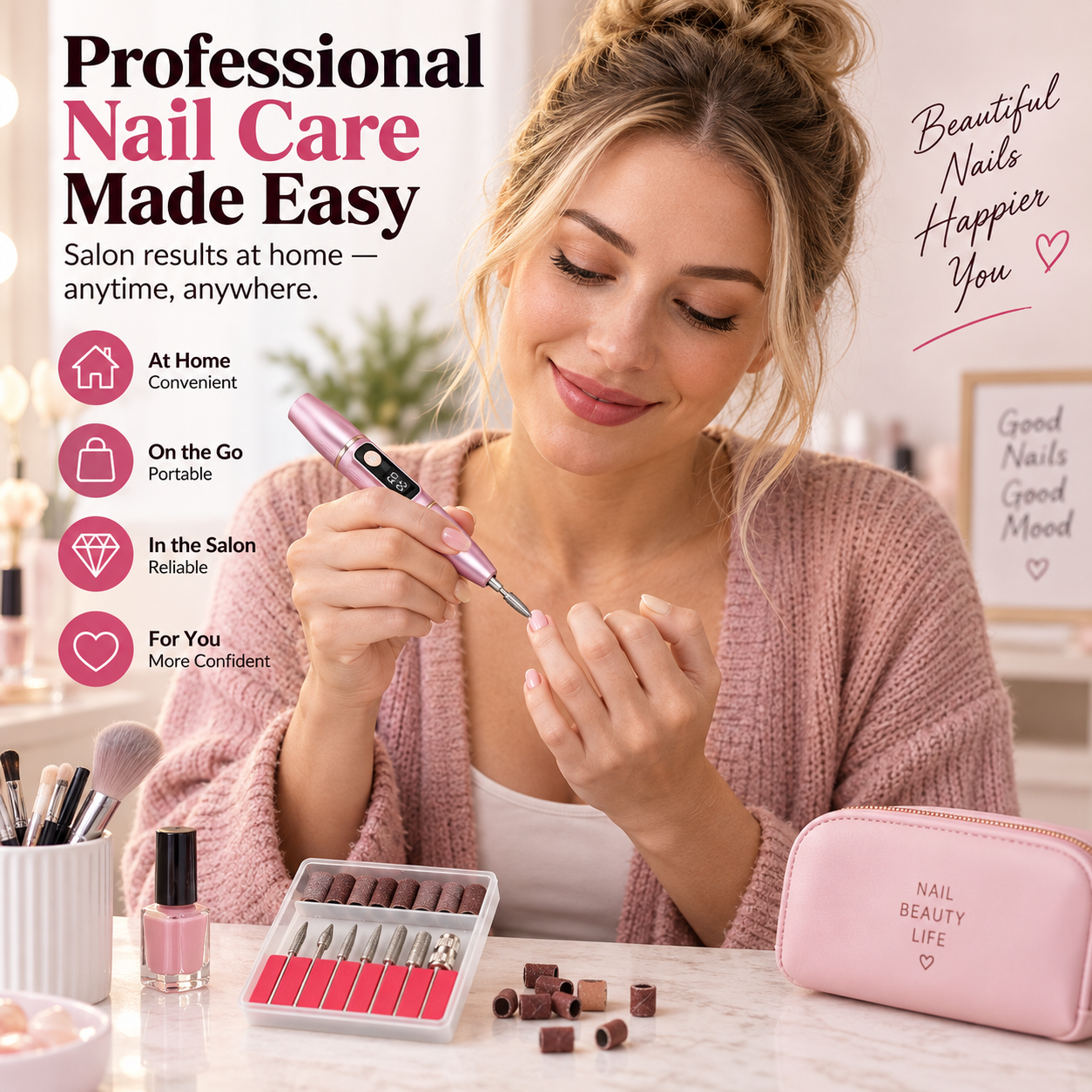 Portable electric nail file with grinding set; suitable for manicures and pedicures; lightweight and portable