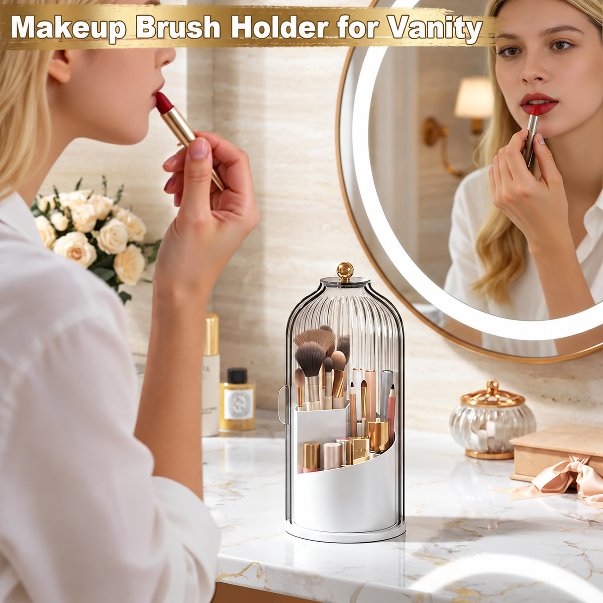 💄🔄 360° Rotating Makeup Brush Organizer – Clear Acrylic Cosmetic Storage Holder with Dust-Proof Lid ✨