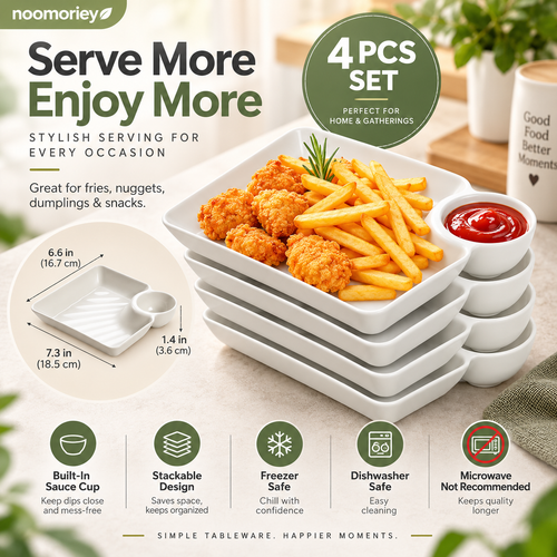 🍱✨ 4-Pack Divided Snack Plates – Non-Breakable Plates with Sauce Compartments for Snacks & Appetizers 🍗
