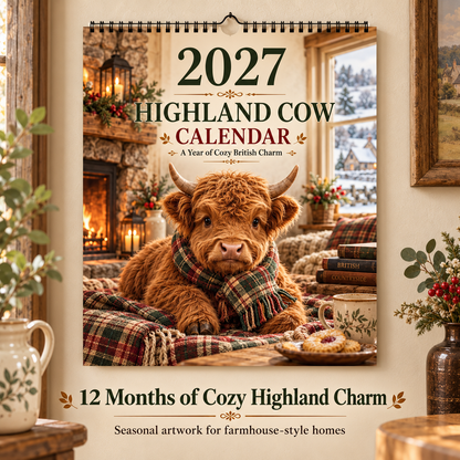 🐮 2027 Highland Cows Seasons Calendar – 12-Month Fluffy Cow Wall Calendar