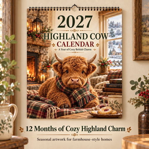 🐮 2027 Highland Cows Seasons Calendar – 12-Month Fluffy Cow Wall Calendar