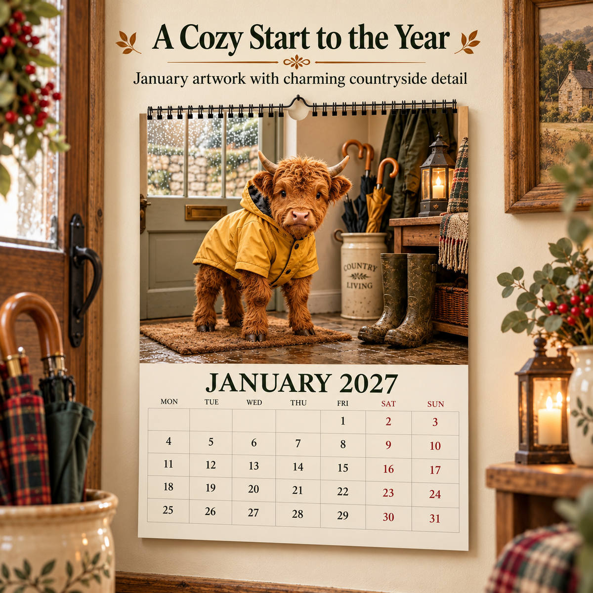 🐮 2027 Highland Cows Seasons Calendar – 12-Month Fluffy Cow Wall Calendar