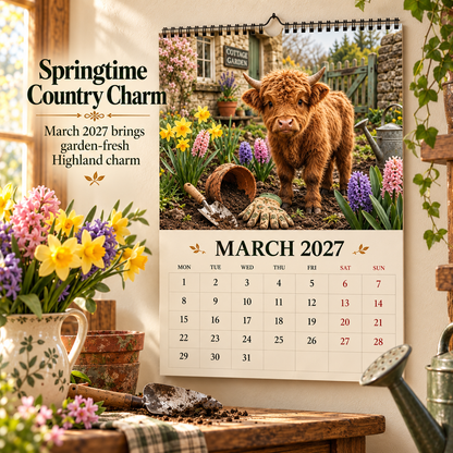 🐮 2027 Highland Cows Seasons Calendar – 12-Month Fluffy Cow Wall Calendar