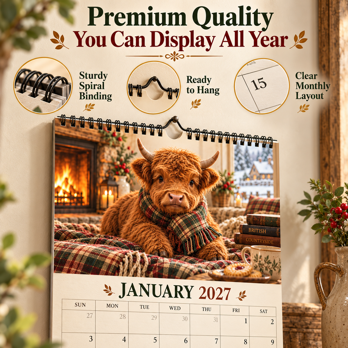 🐮 2027 Highland Cows Seasons Calendar – 12-Month Fluffy Cow Wall Calendar