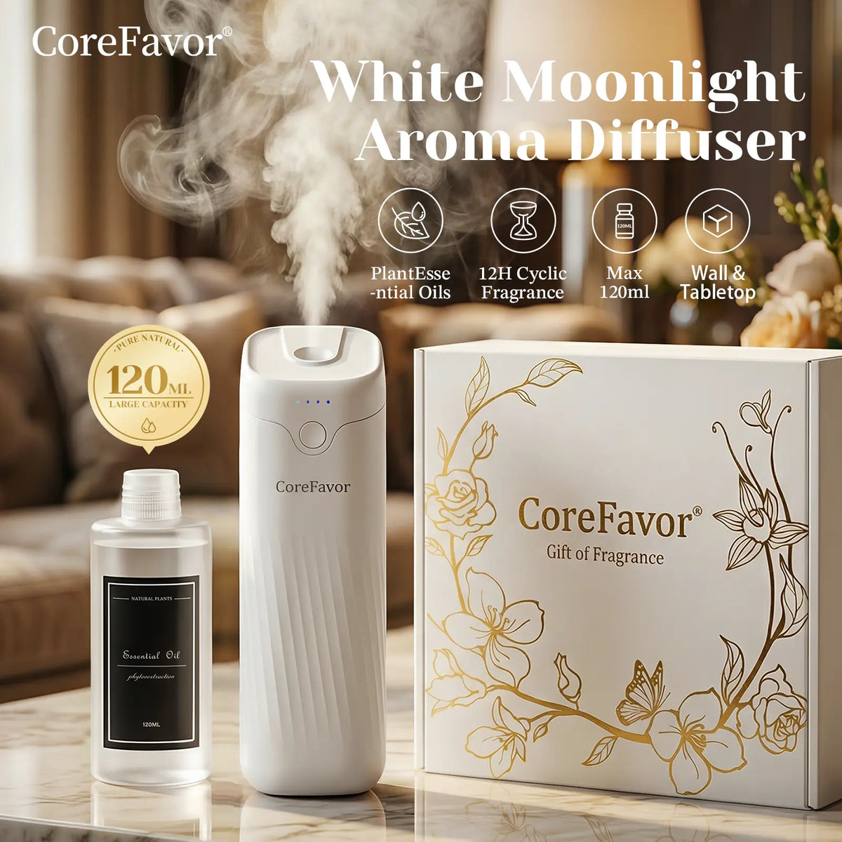 Waterless Essential Oil Diffuser – Includes 120ml aromatherapy oil; wall-mountable, USB rechargeable, with 4 adjustable fragrance intensity levels.