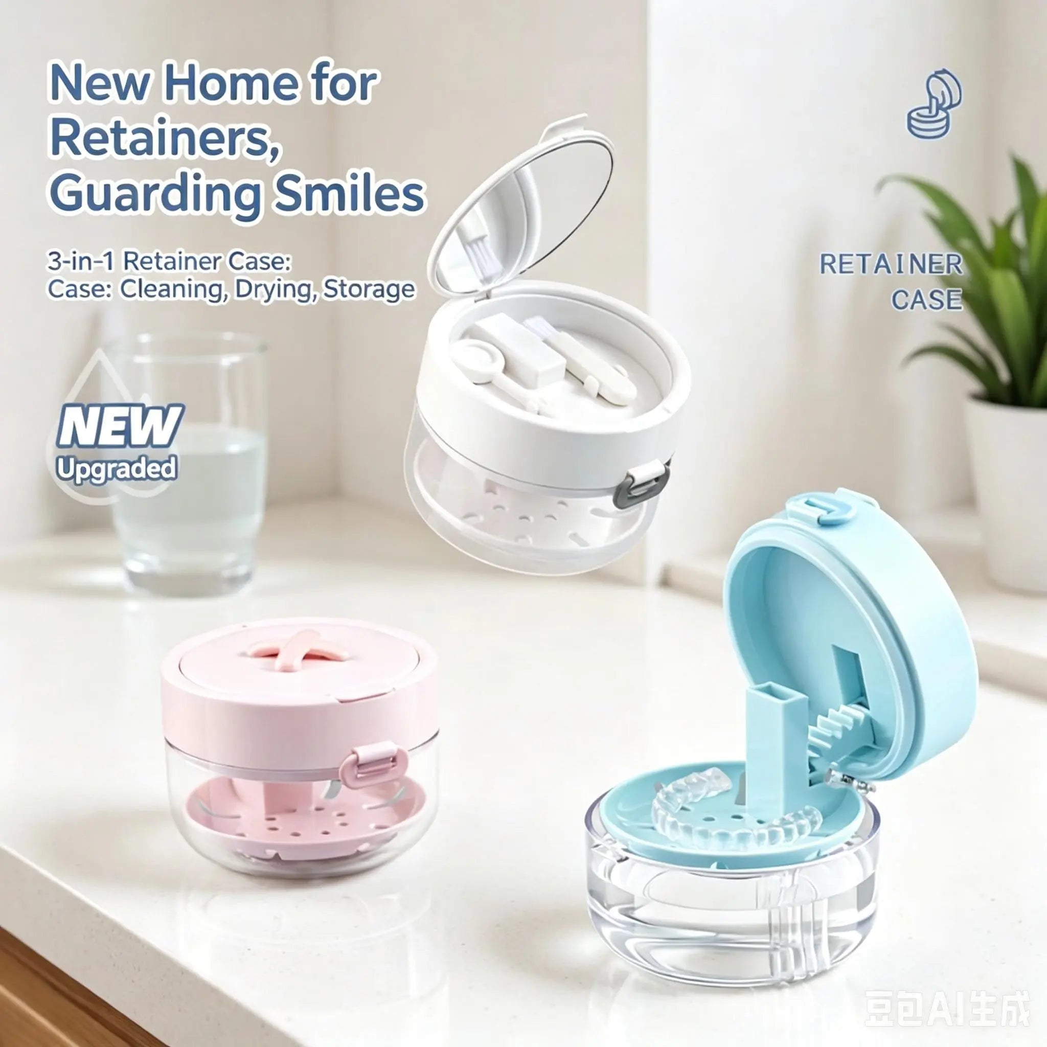 3-in-1 Retainer Soak Case with Drain Tray, Mirror & Cleaning Brush for Aligners & Dentures