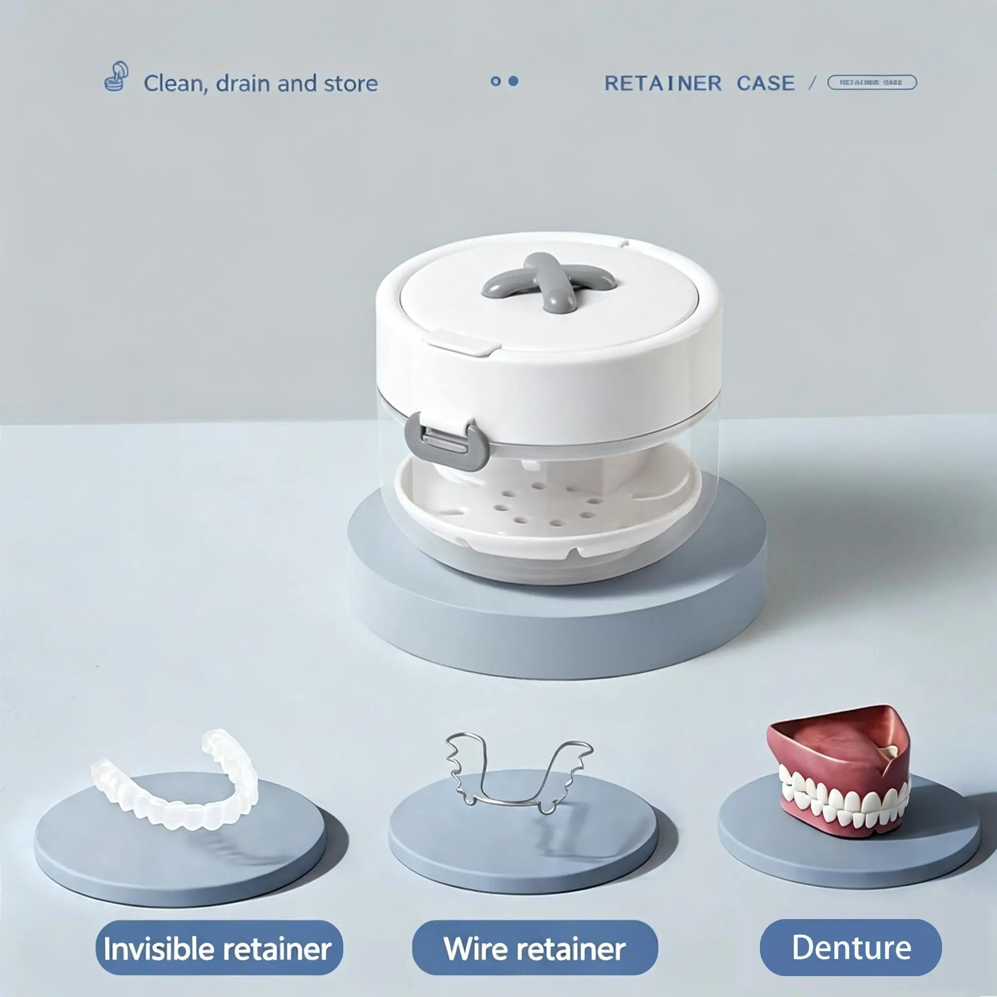 3-in-1 Retainer Soak Case with Drain Tray, Mirror & Cleaning Brush for Aligners & Dentures