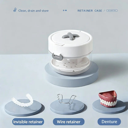 3-in-1 Retainer Soak Case with Drain Tray, Mirror & Cleaning Brush for Aligners & Dentures