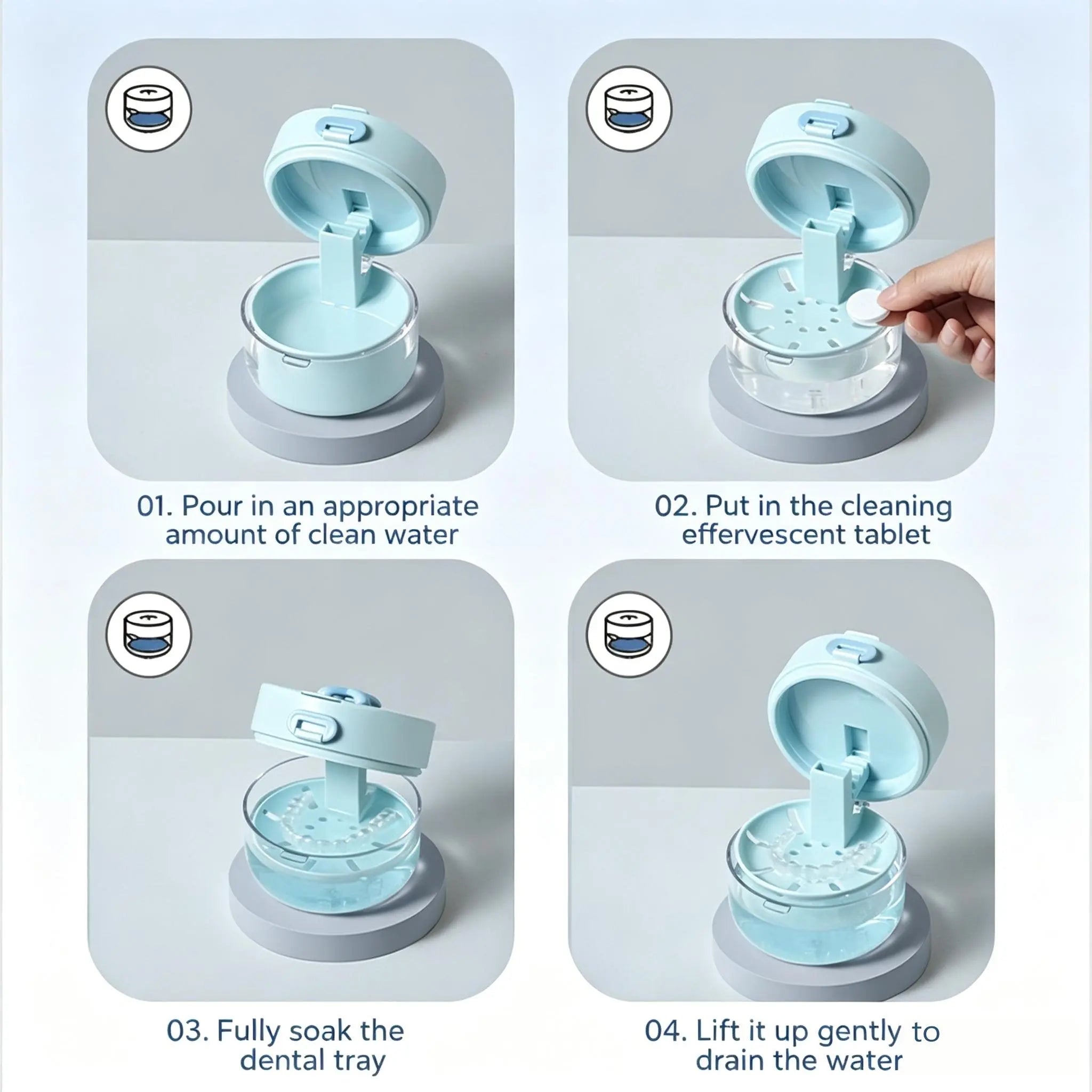 3-in-1 Retainer Soak Case with Drain Tray, Mirror & Cleaning Brush for Aligners & Dentures