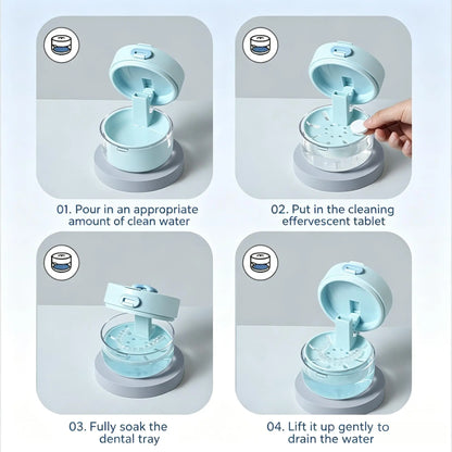 3-in-1 Retainer Soak Case with Drain Tray, Mirror & Cleaning Brush for Aligners & Dentures