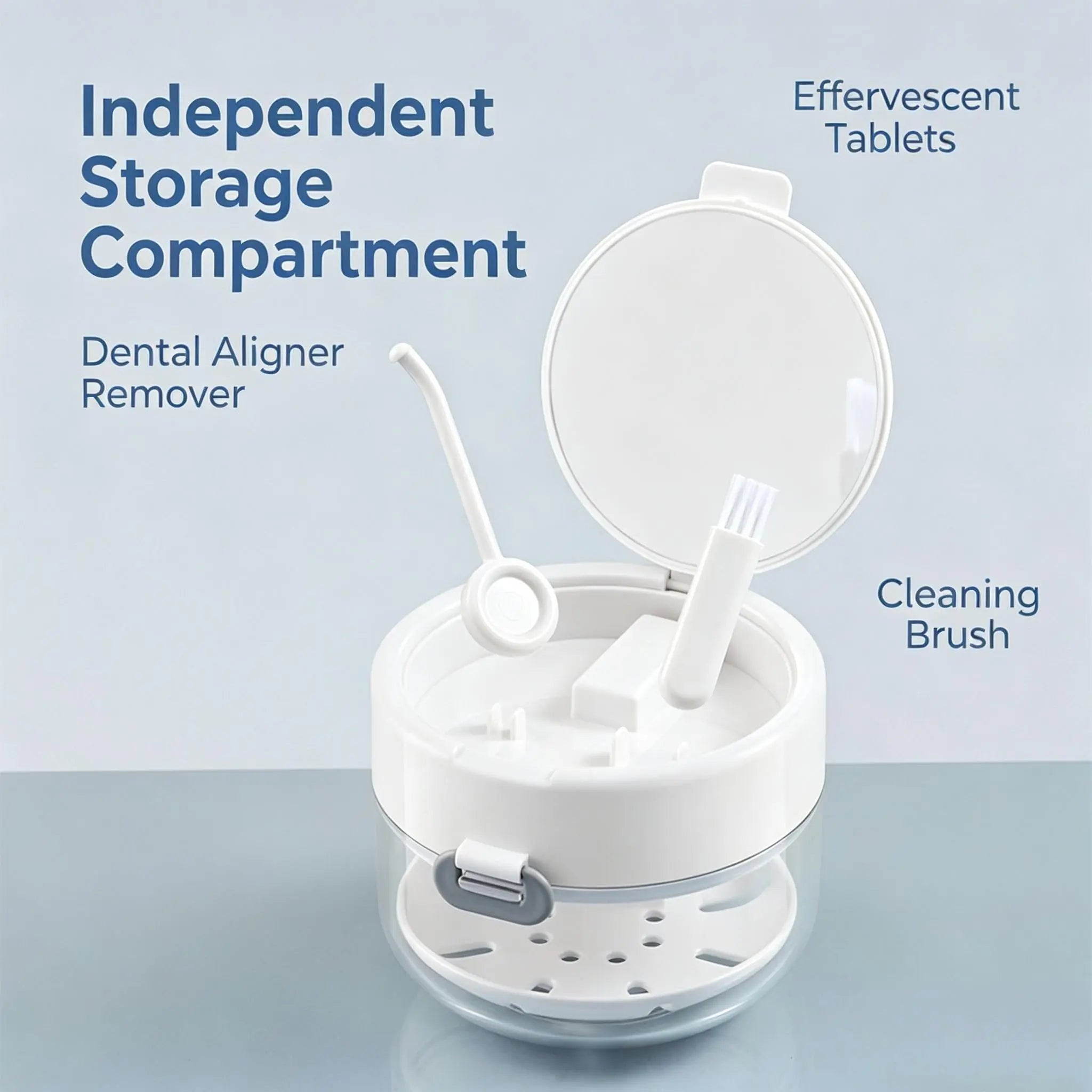 3-in-1 Retainer Soak Case with Drain Tray, Mirror & Cleaning Brush for Aligners & Dentures