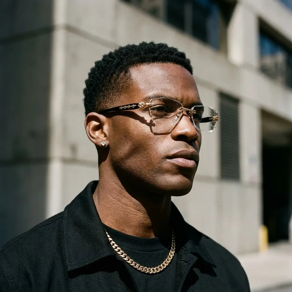 High-quality rimless glasses featuring a diamond-cut edge design—a versatile everyday accessory for men and women.