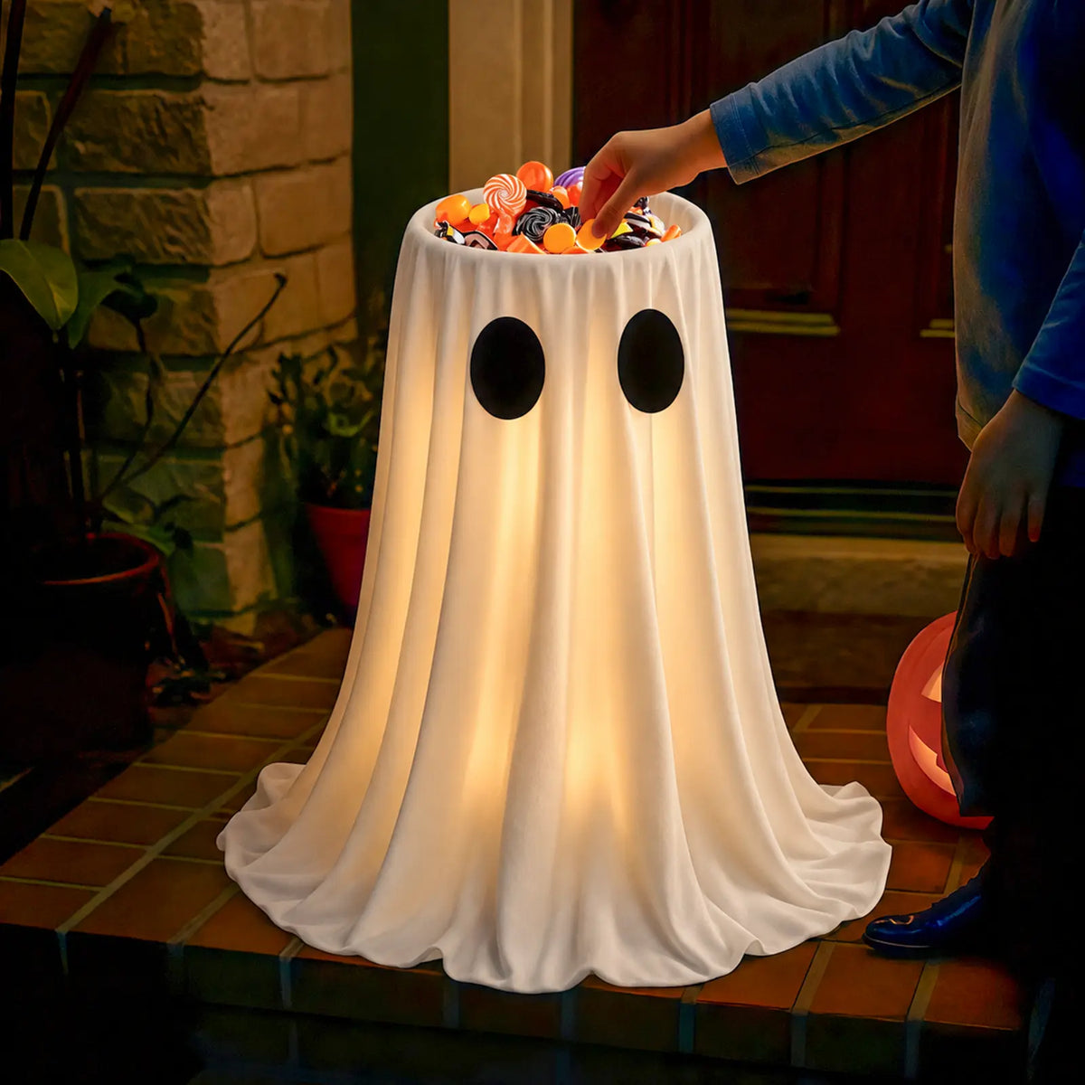 Halloween Glow-in-the-Dark Ghost Candy Bowl – With String Lights, Timer, and Remote Control