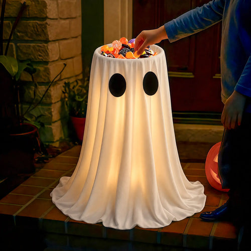 Halloween Glow-in-the-Dark Ghost Candy Bowl – With String Lights, Timer, and Remote Control