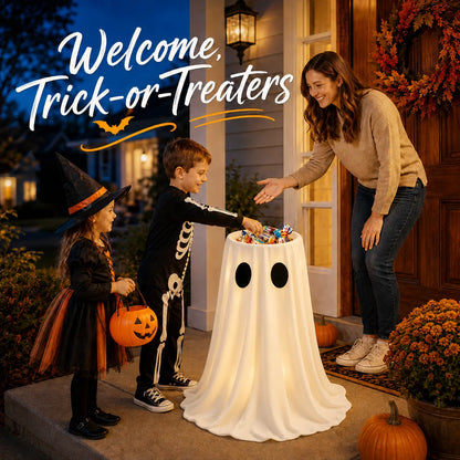Halloween Glow-in-the-Dark Ghost Candy Bowl – With String Lights, Timer, and Remote Control