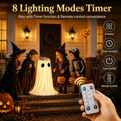 Halloween Glow-in-the-Dark Ghost Candy Bowl – With String Lights, Timer, and Remote Control