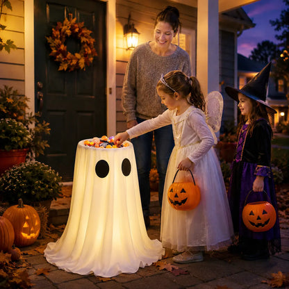 Halloween Glow-in-the-Dark Ghost Candy Bowl – With String Lights, Timer, and Remote Control