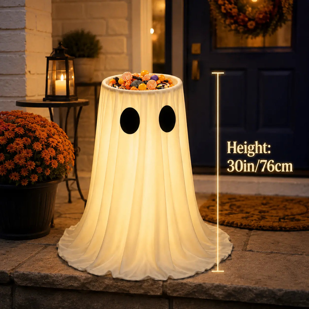 Halloween Glow-in-the-Dark Ghost Candy Bowl – With String Lights, Timer, and Remote Control