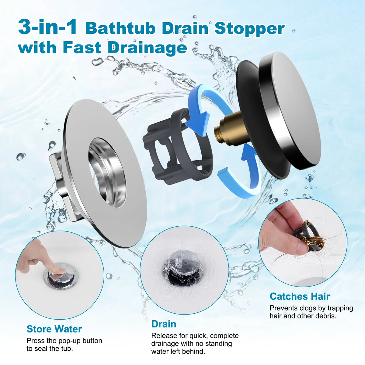 Anti-Clog Deodorizing Bathtub Drain Plug (Brass & Stainless Steel) with Hair Catcher