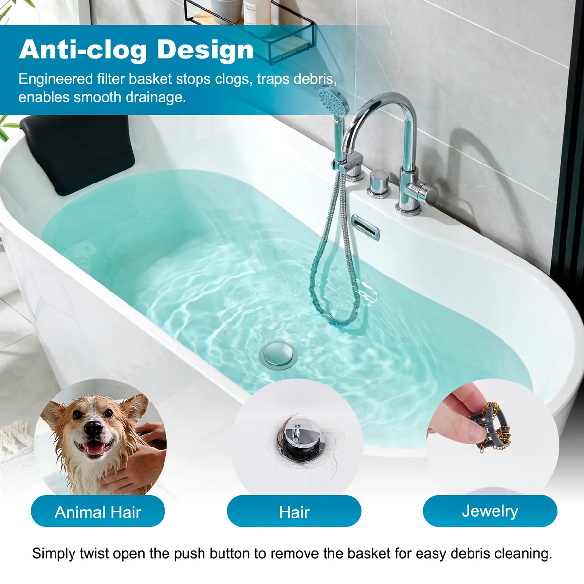 Anti-Clog Deodorizing Bathtub Drain Plug (Brass & Stainless Steel) with Hair Catcher