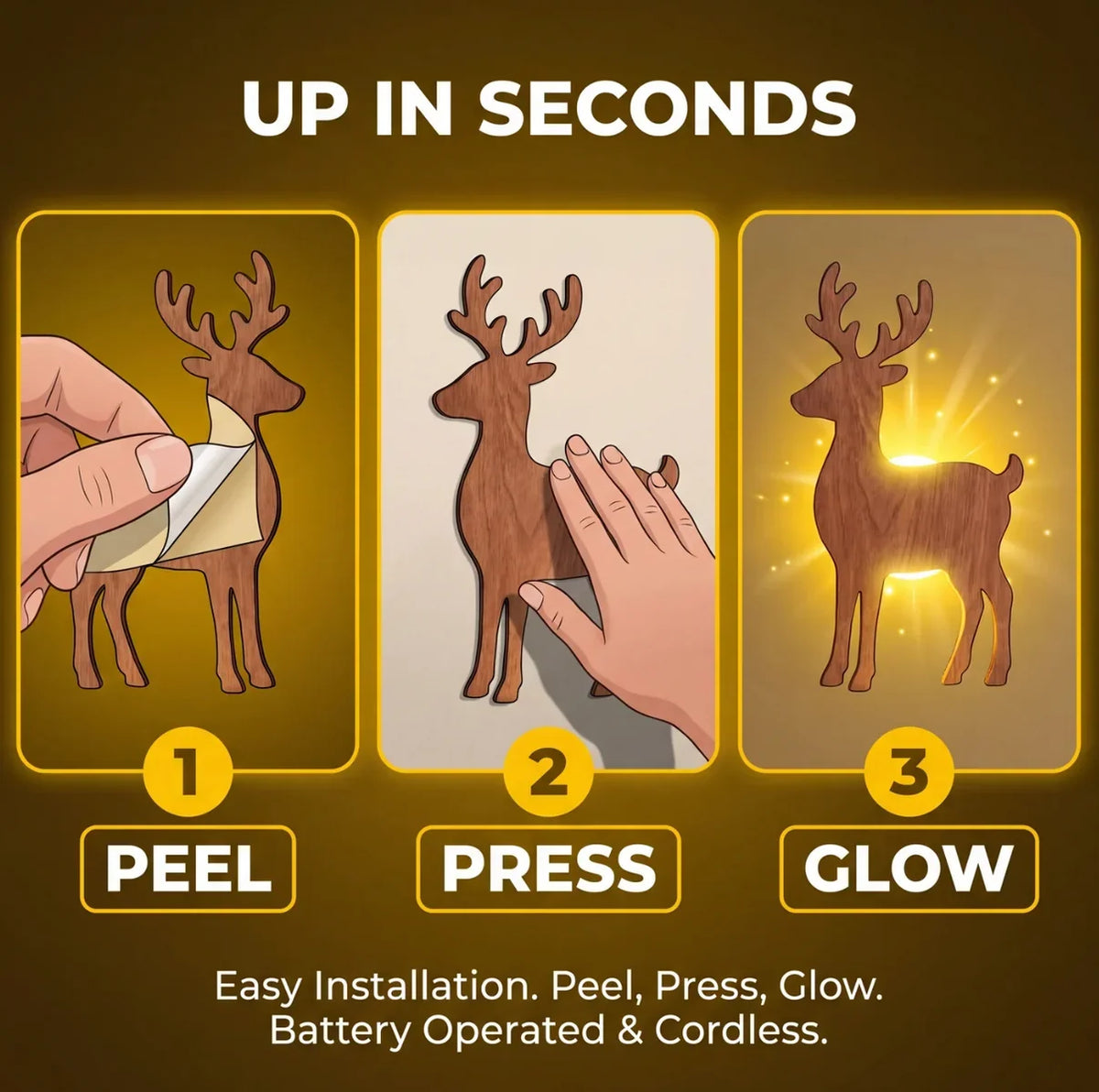 Reindeer Sleigh Press On – Lighted Christmas Wall Decor, Easy No-Tool Install