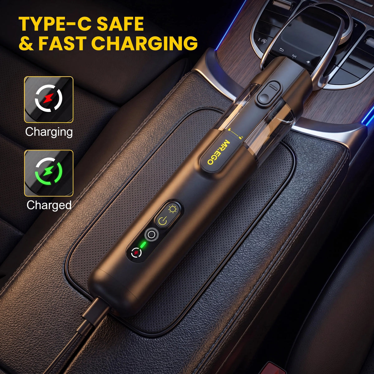 Cordless Portable Car Vacuum Cleaner – 15,000Pa Powerful Suction, 4-in-1 Mini Vacuum, Green LED Indicator
